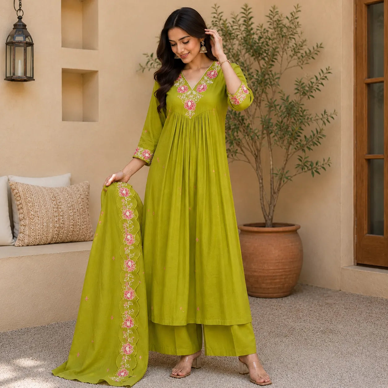 Women's Lime Green Embroidered Anarkali Kurta Set with Dupatta