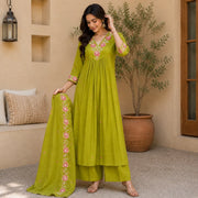 Women's Lime Green Embroidered Anarkali Kurta Set with Dupatta