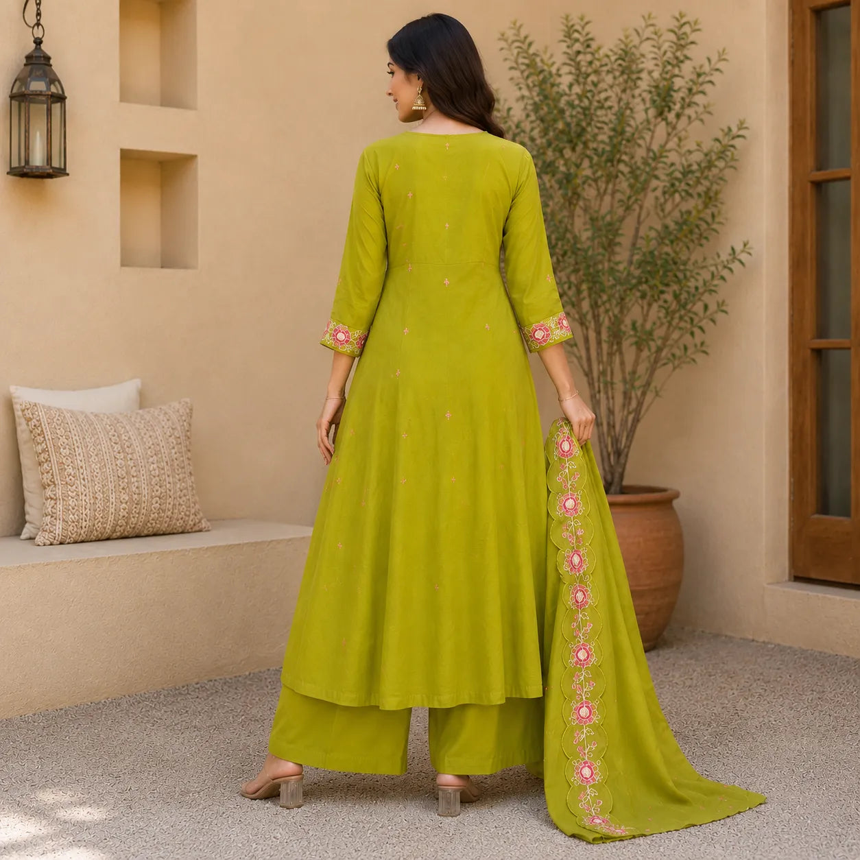 Women's Lime Green Embroidered Anarkali Kurta Set with Dupatta