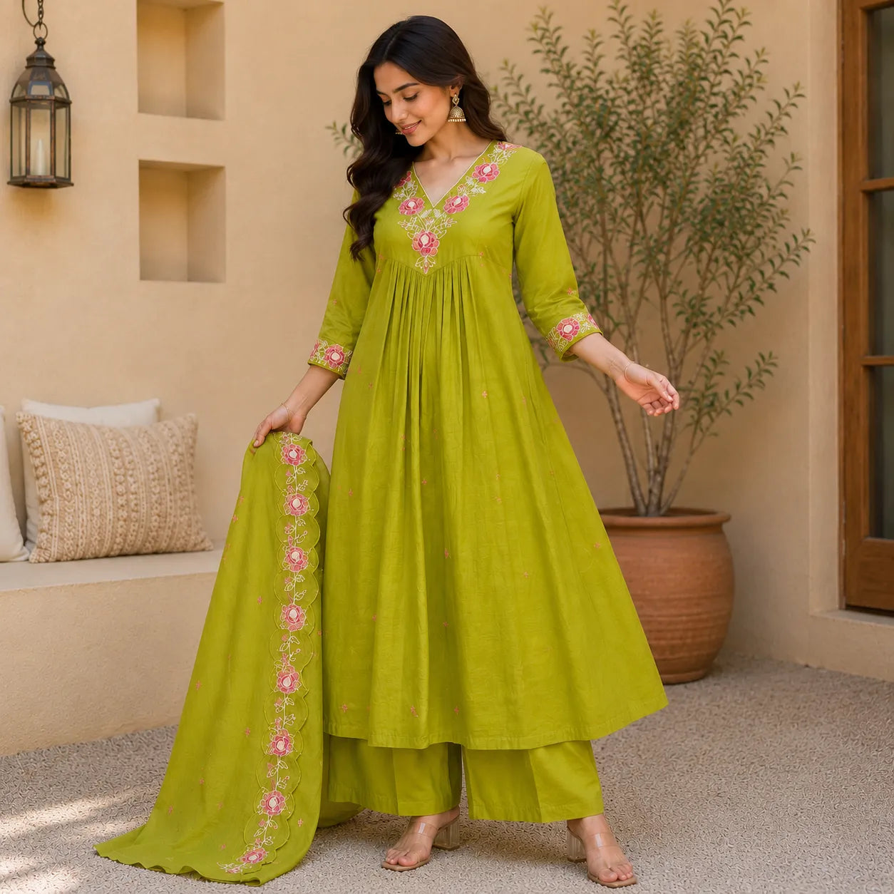 Women's Lime Green Embroidered Anarkali Kurta Set with Dupatta