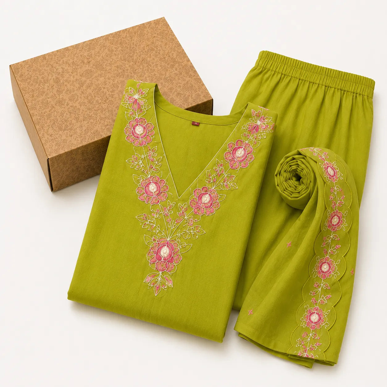 Women's Lime Green Embroidered Anarkali Kurta Set with Dupatta