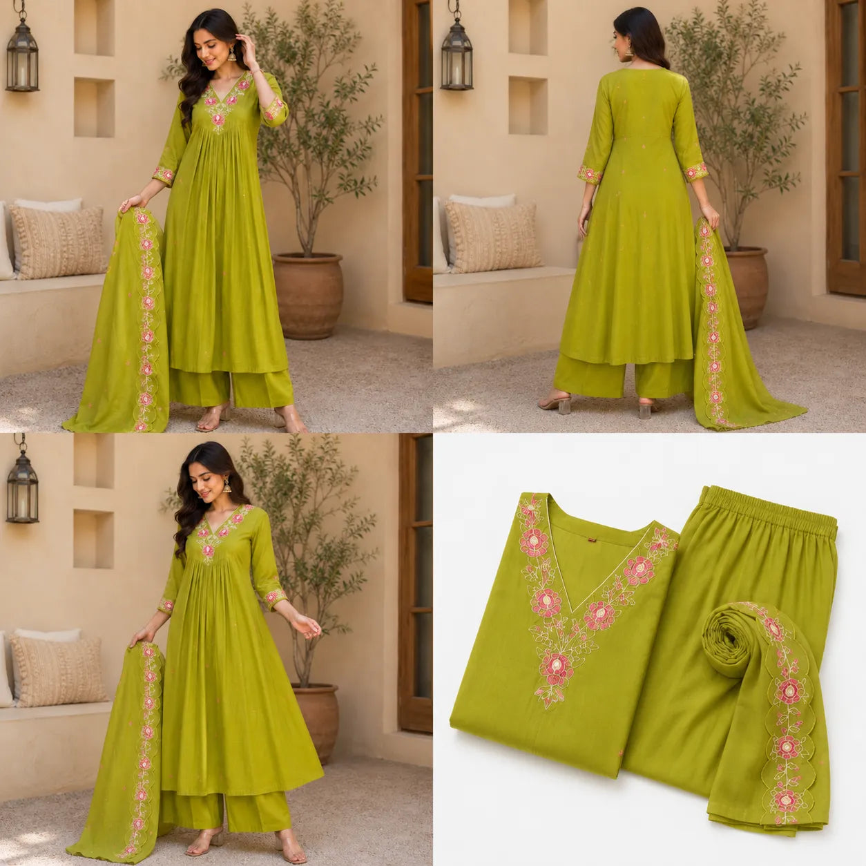 Women's Lime Green Embroidered Anarkali Kurta Set with Dupatta