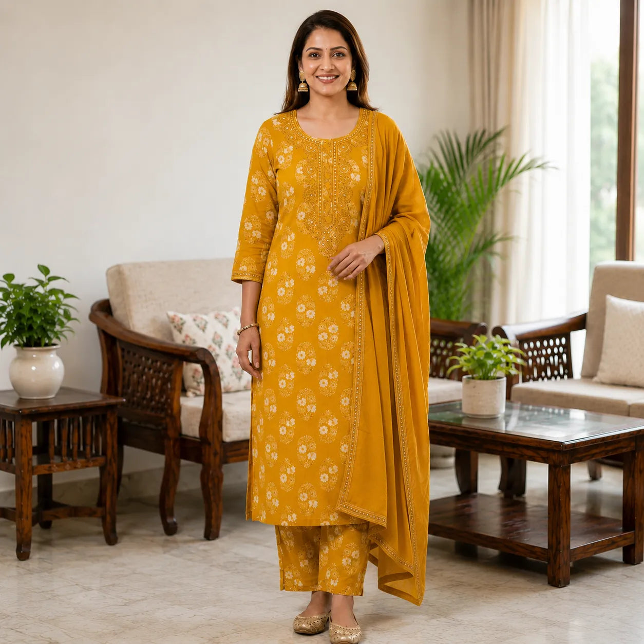 Women's Mustard Yellow Floral Printed Anarkali Dress