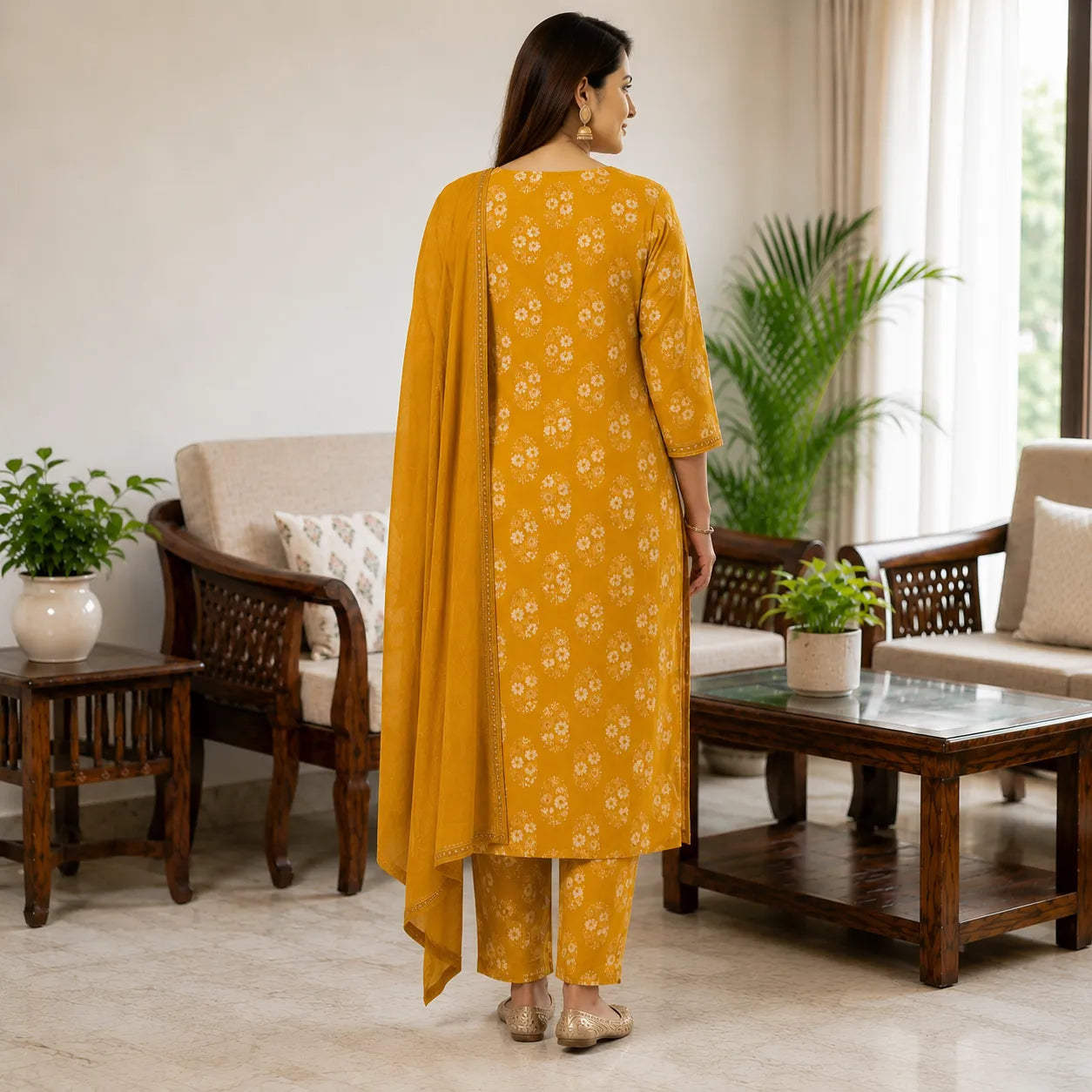 Women's Mustard Yellow Floral Printed Anarkali Dress