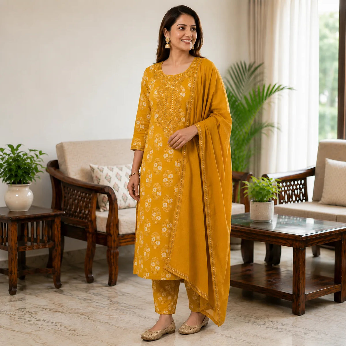 Women's Mustard Yellow Floral Printed Anarkali Dress