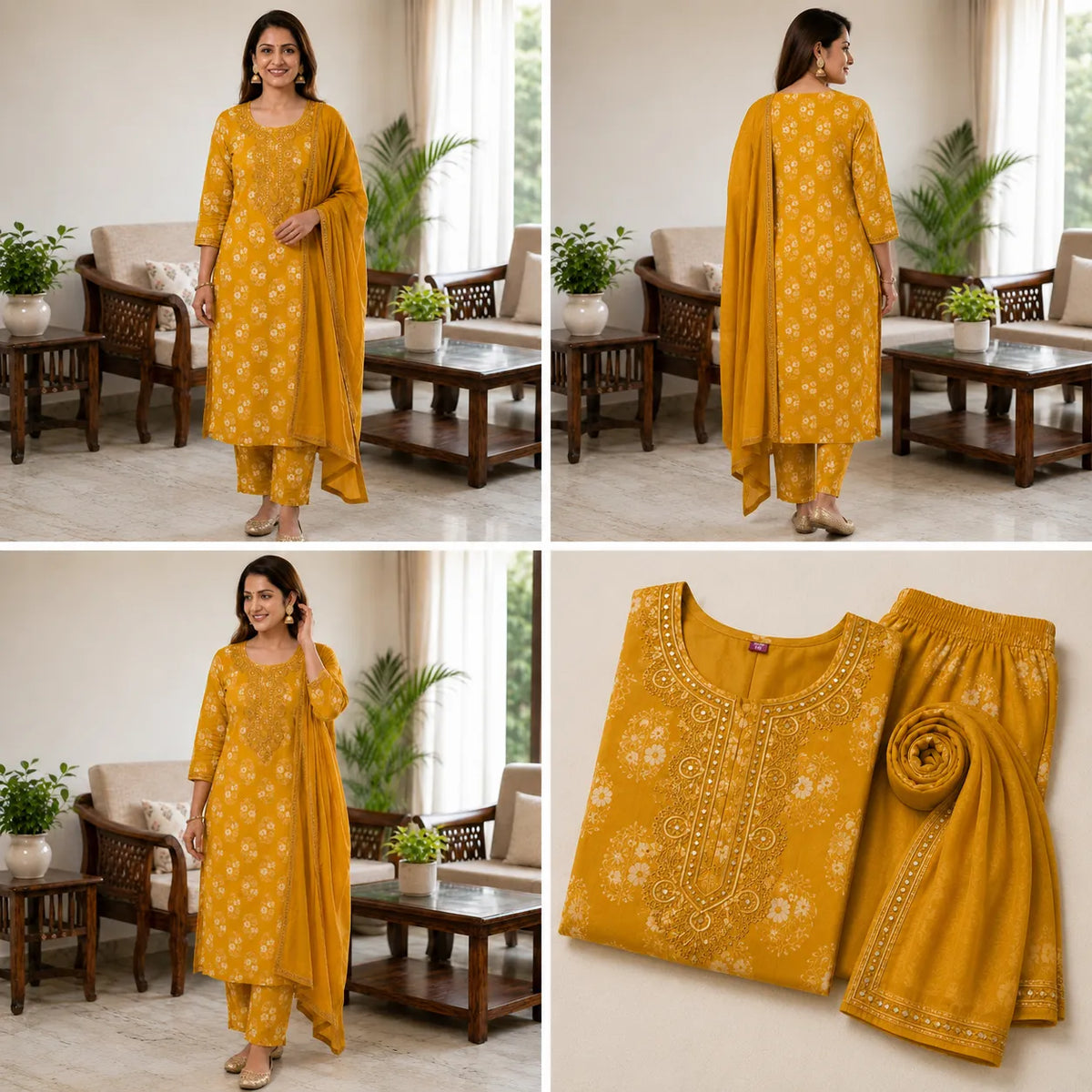 Women's Mustard Yellow Floral Printed Anarkali Dress