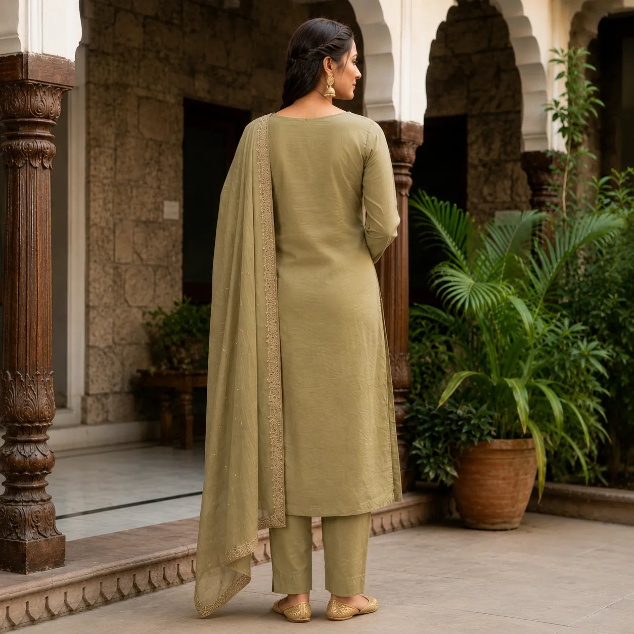 Women's Olive Green Embroidered Kurta Set with Dupatta