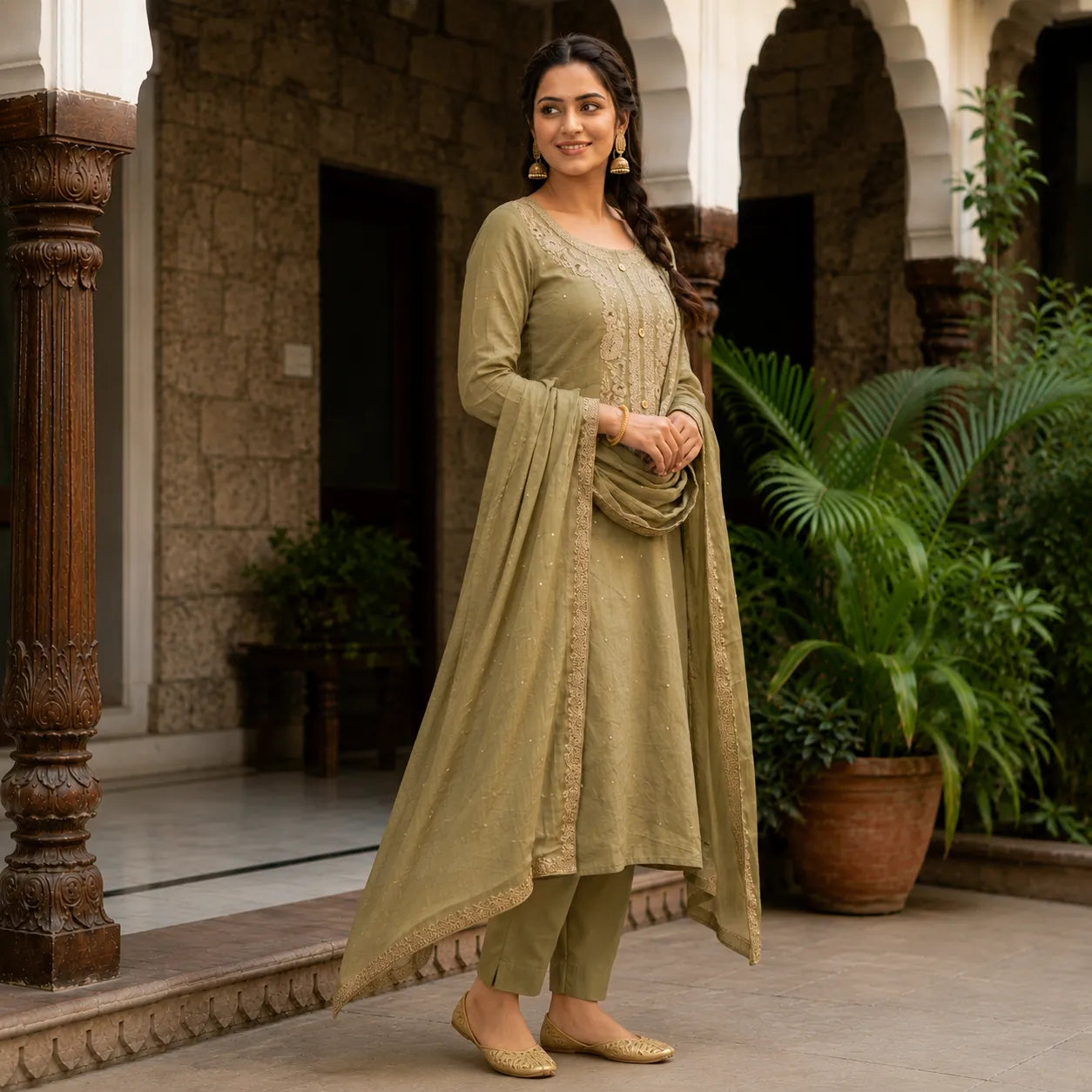 Women's Olive Green Embroidered Kurta Set with Dupatta