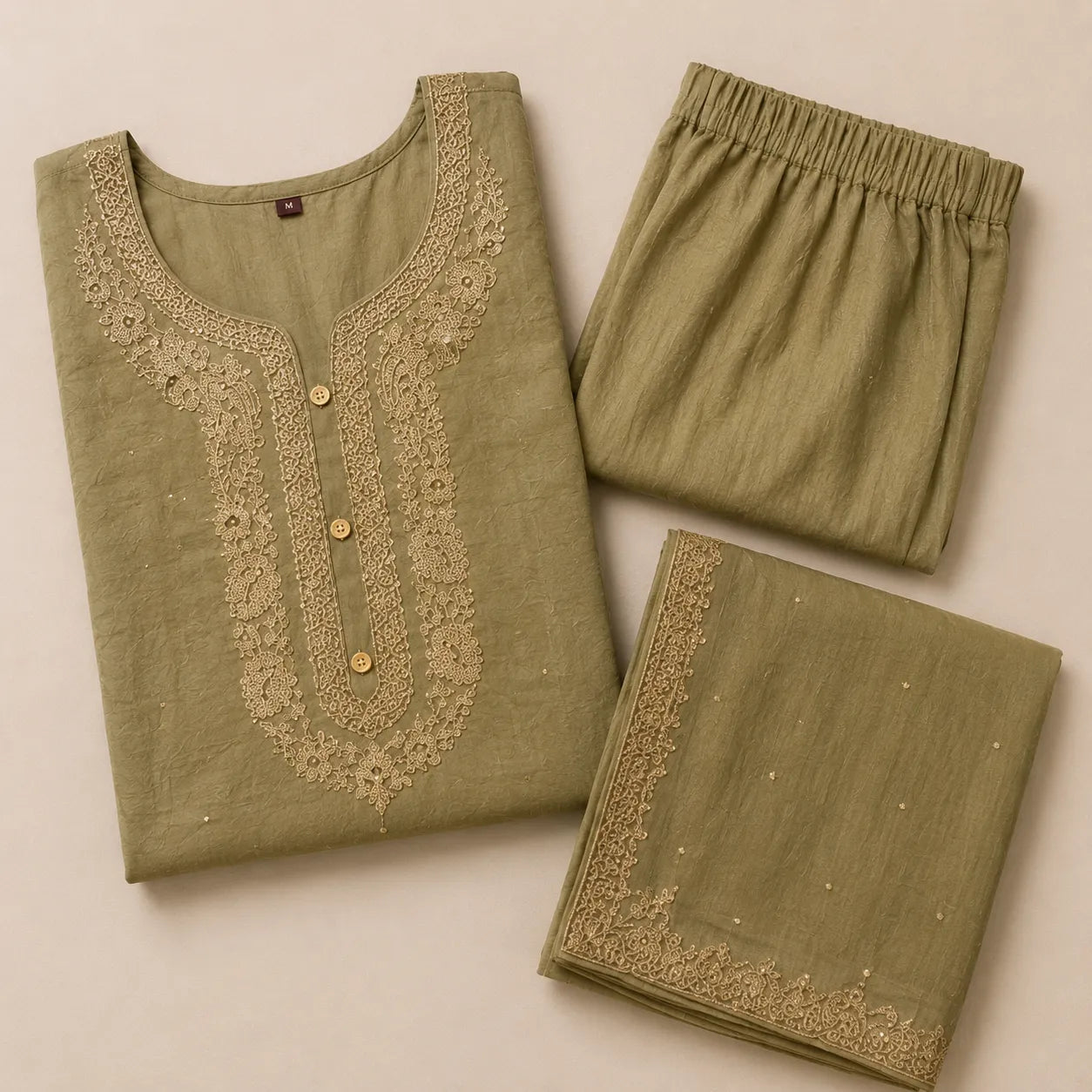 Women's Olive Green Embroidered Kurta Set with Dupatta