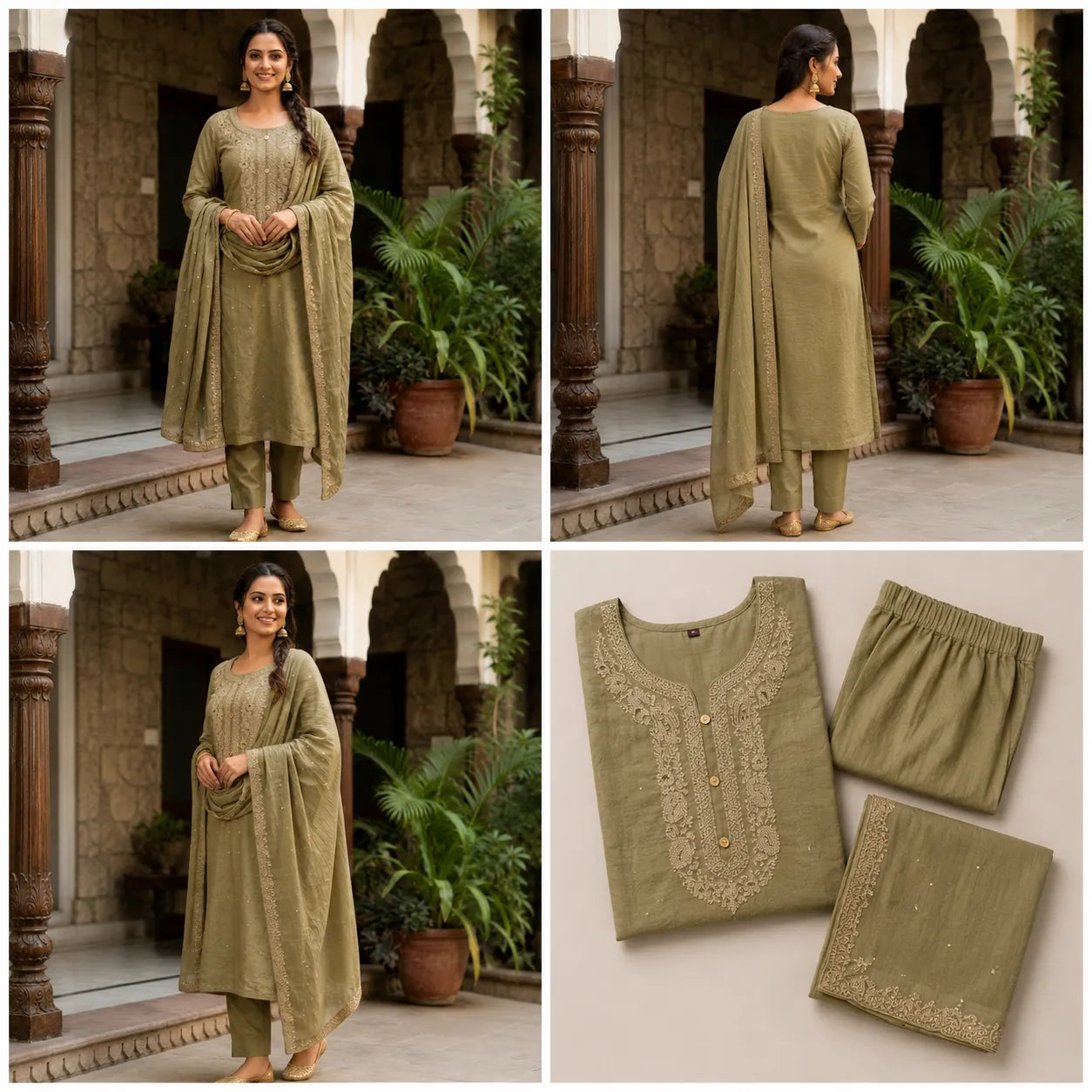 Women's Olive Green Embroidered Kurta Set with Dupatta