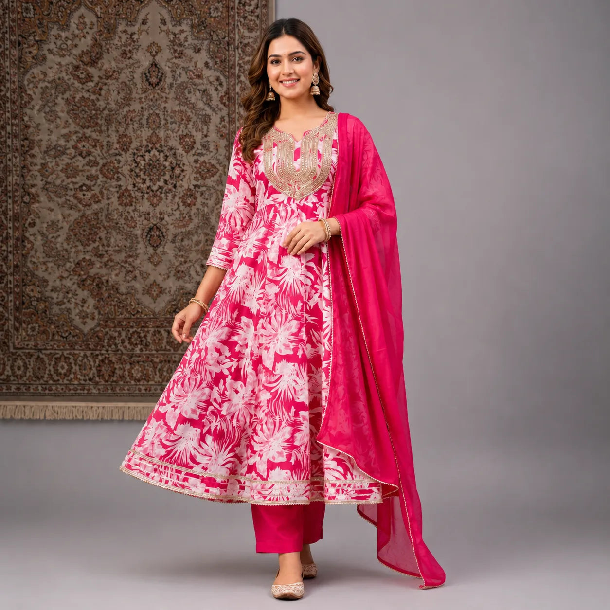 Women's Pink Floral Printed Anarkali Kurta Set with Dupatta
