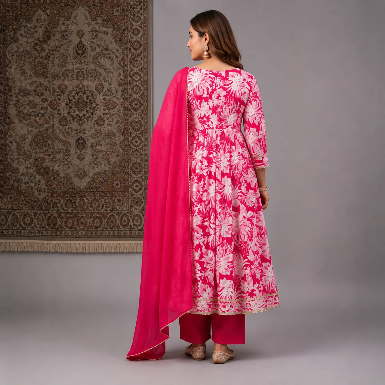Women's Pink Floral Printed Anarkali Kurta Set with Dupatta