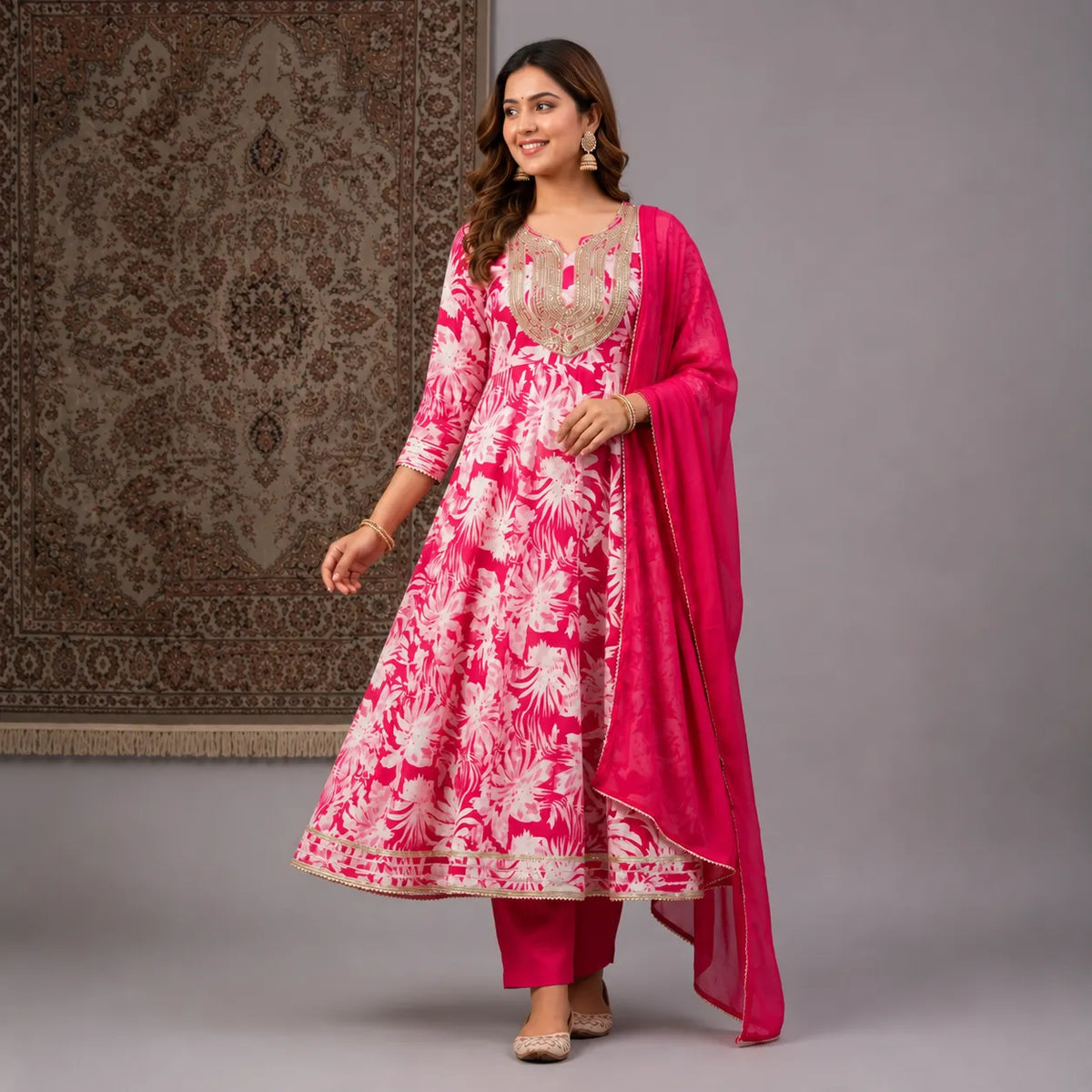 Women's Pink Floral Printed Anarkali Kurta Set with Dupatta