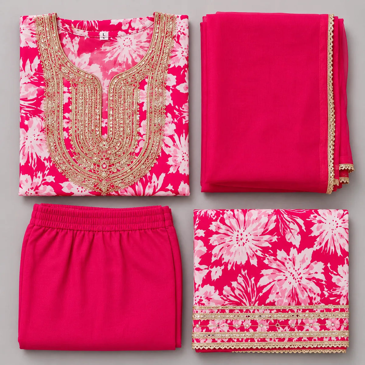Women's Pink Floral Printed Anarkali Kurta Set with Dupatta