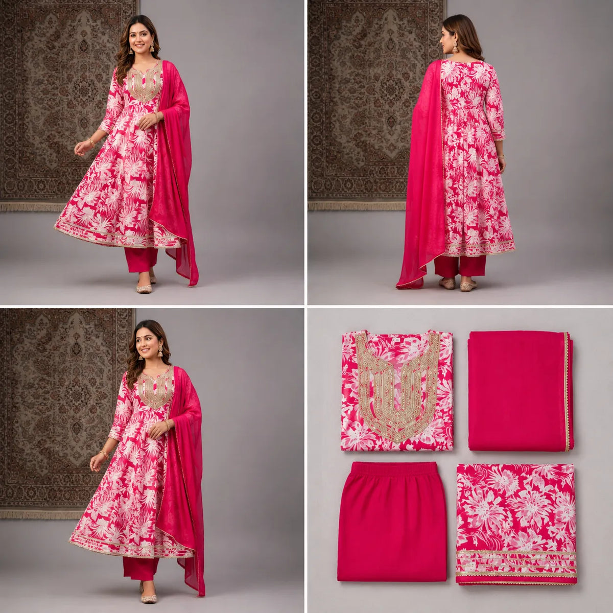 Women's Pink Floral Printed Anarkali Kurta Set with Dupatta