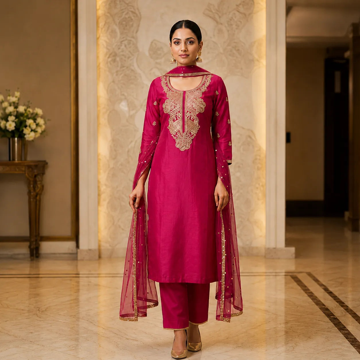 Women's Rani Pink Embroidered Kurta Set with Organza Dupatta