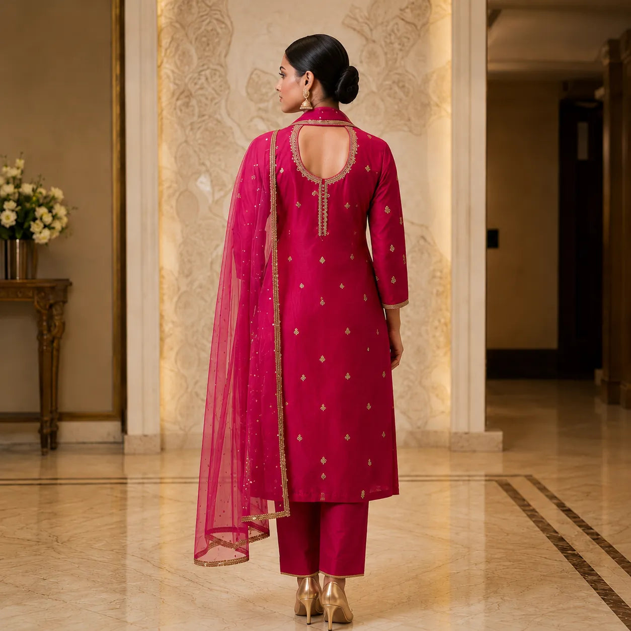 Women's Rani Pink Embroidered Kurta Set with Organza Dupatta