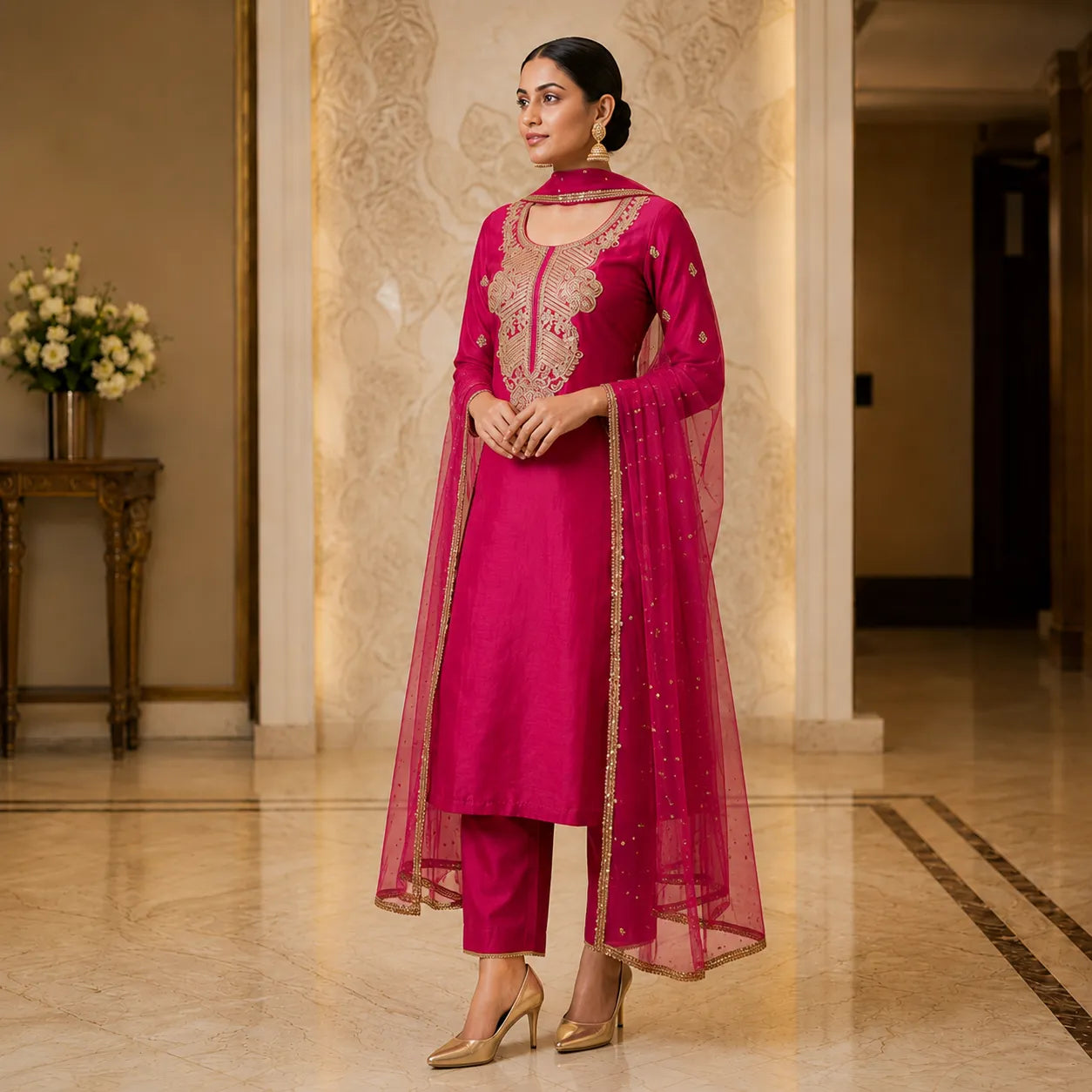 Women's Rani Pink Embroidered Kurta Set with Organza Dupatta