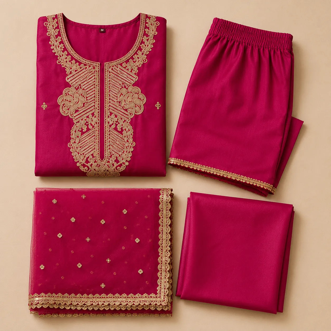 Women's Rani Pink Embroidered Kurta Set with Organza Dupatta