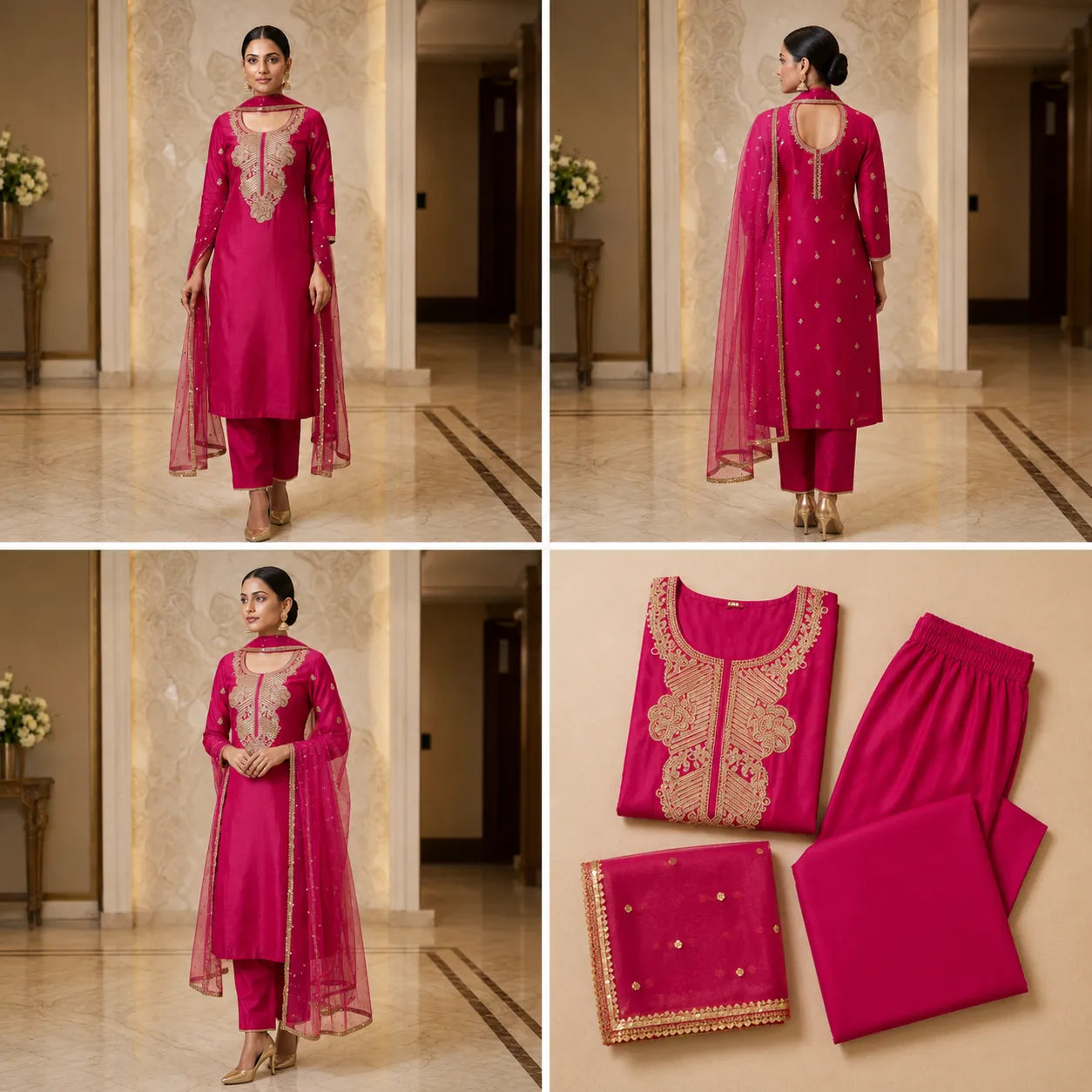 Women's Rani Pink Embroidered Kurta Set with Organza Dupatta
