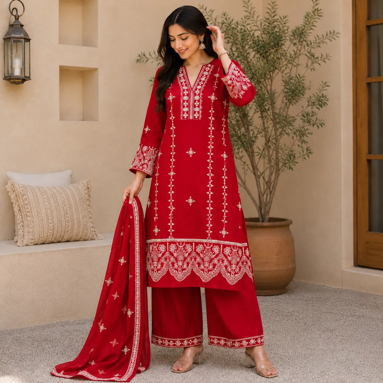 Women's Red Embroidered Kurta Set with Plazoo & Dupatta