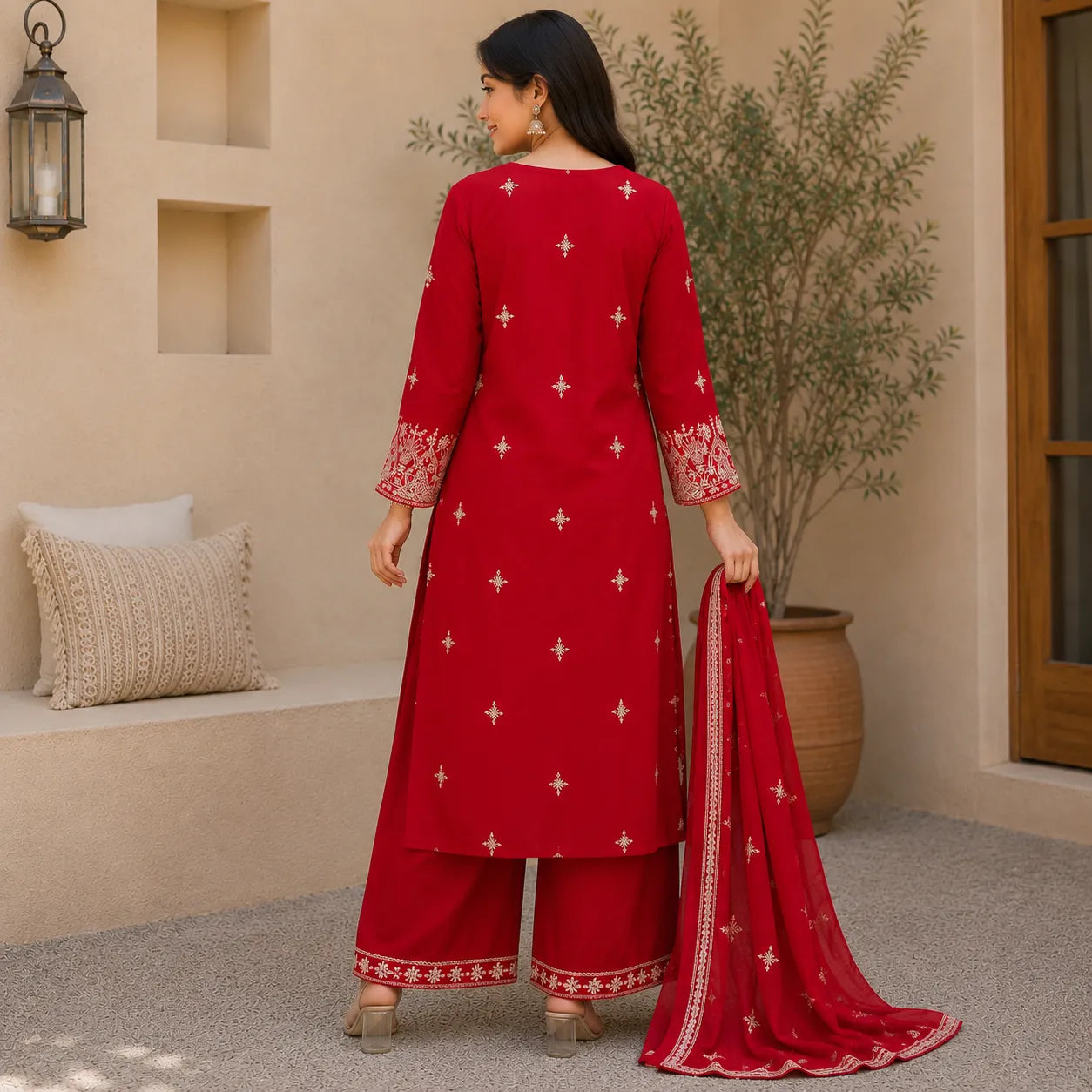 Women's Red Embroidered Kurta Set with Plazoo & Dupatta