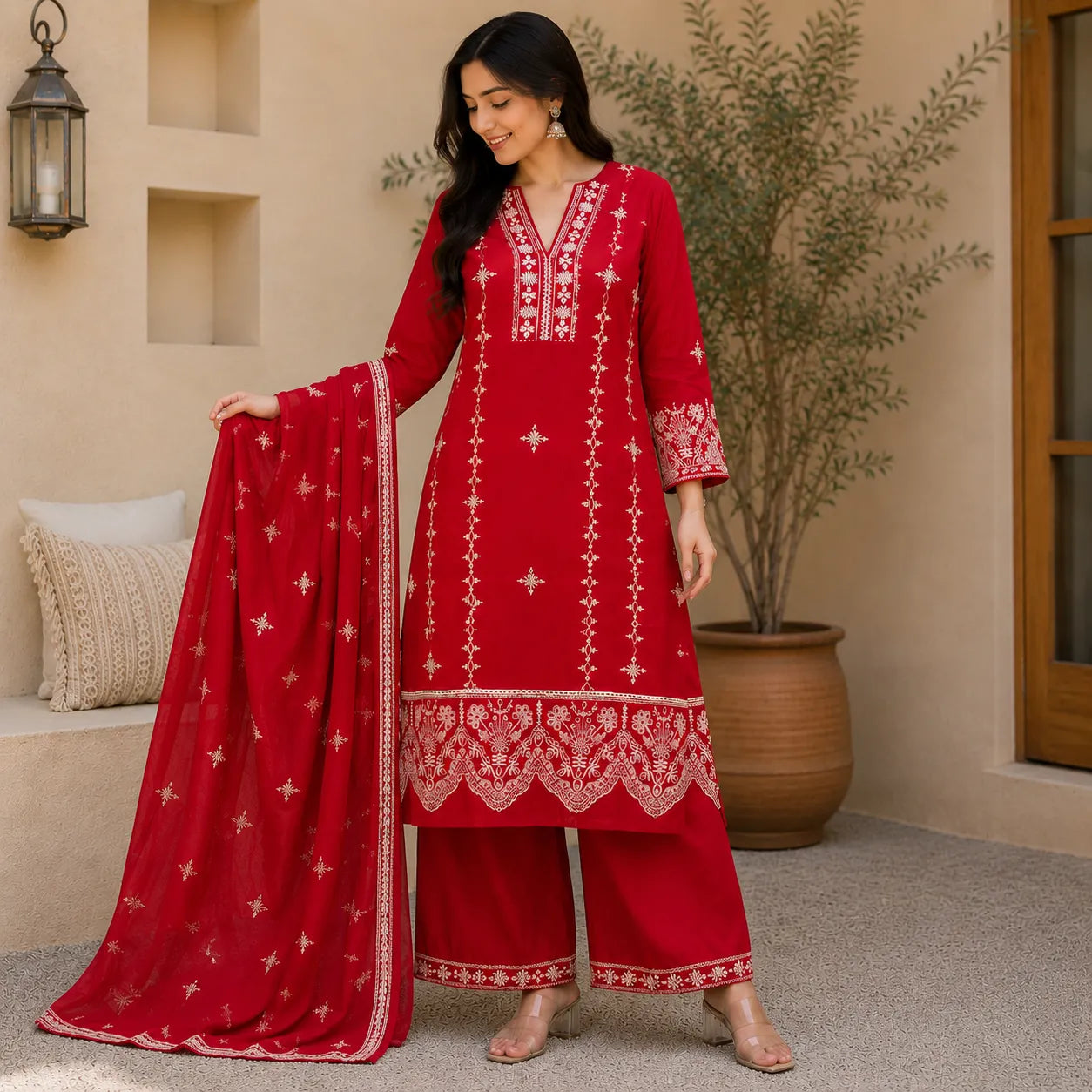 Women's Red Embroidered Kurta Set with Plazoo & Dupatta