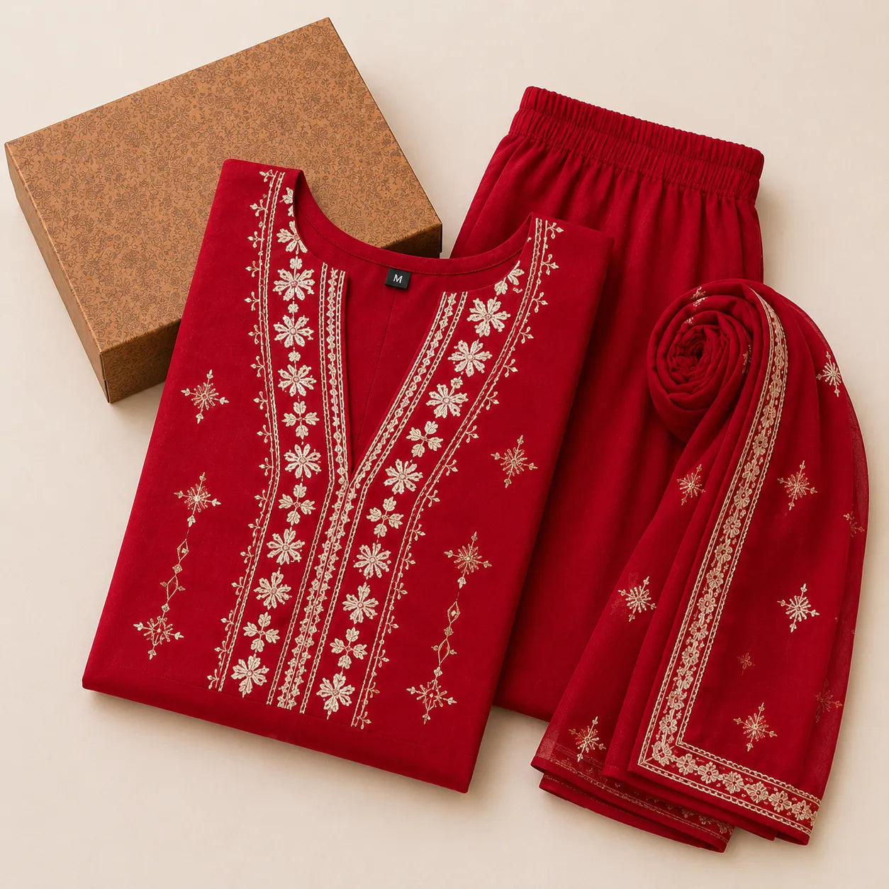 Women's Red Embroidered Kurta Set with Plazoo & Dupatta