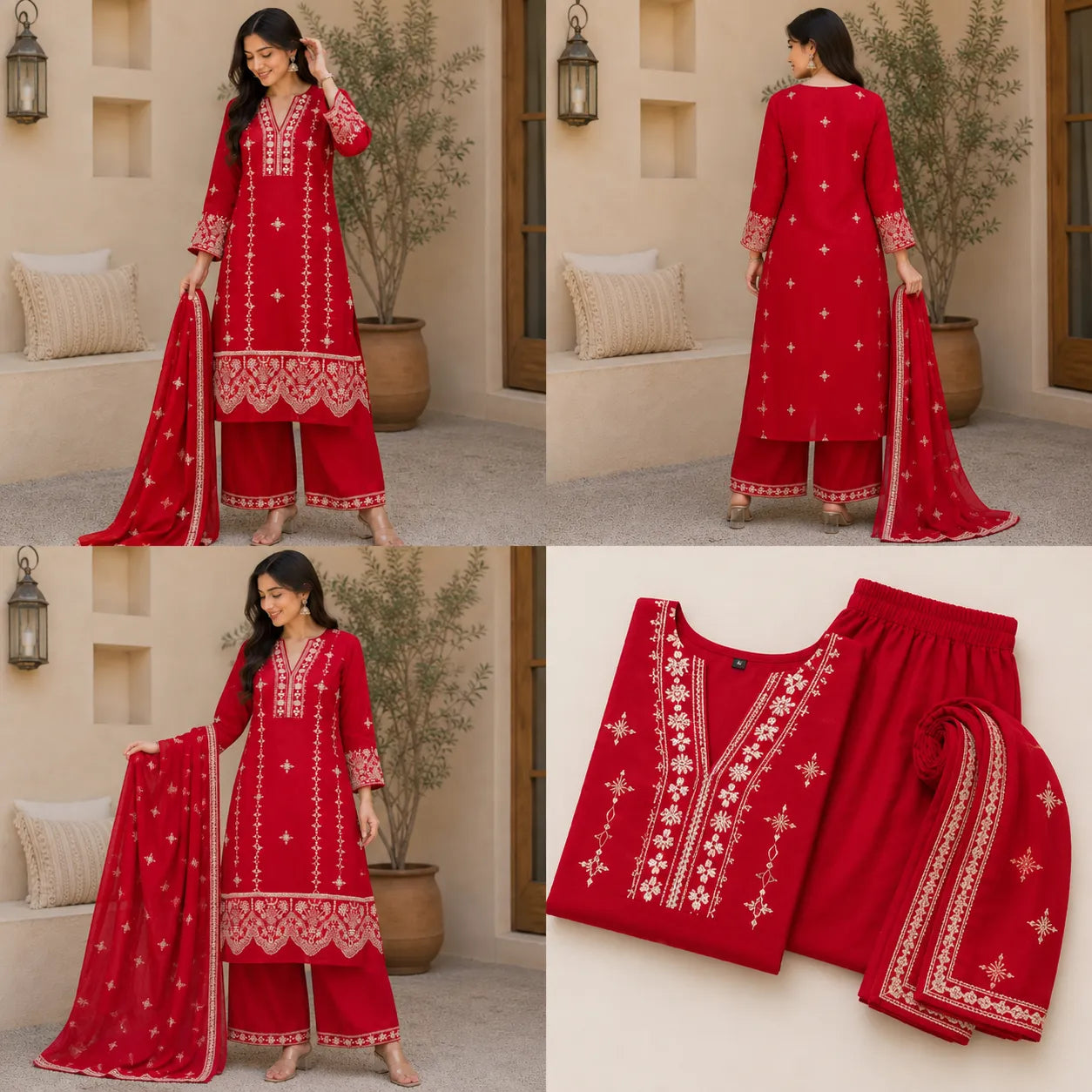 Women's Red Embroidered Kurta Set with Plazoo & Dupatta