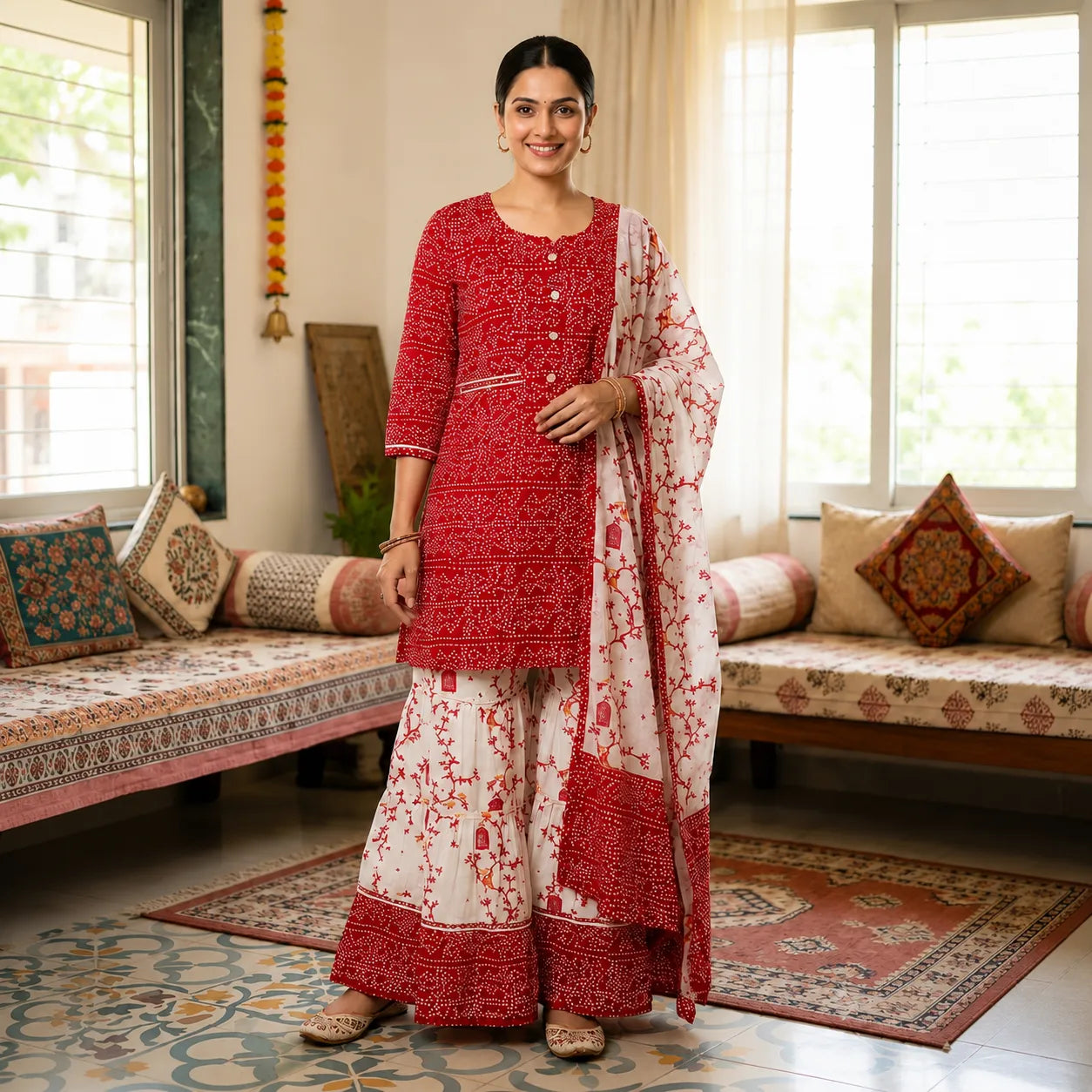 Women's Red Printed Kurta Set with Sharara & Dupatta