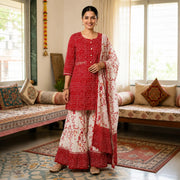 Women's Red Printed Kurta Set with Sharara & Dupatta