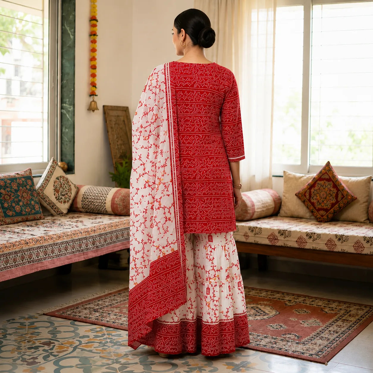 Women's Red Printed Kurta Set with Sharara & Dupatta