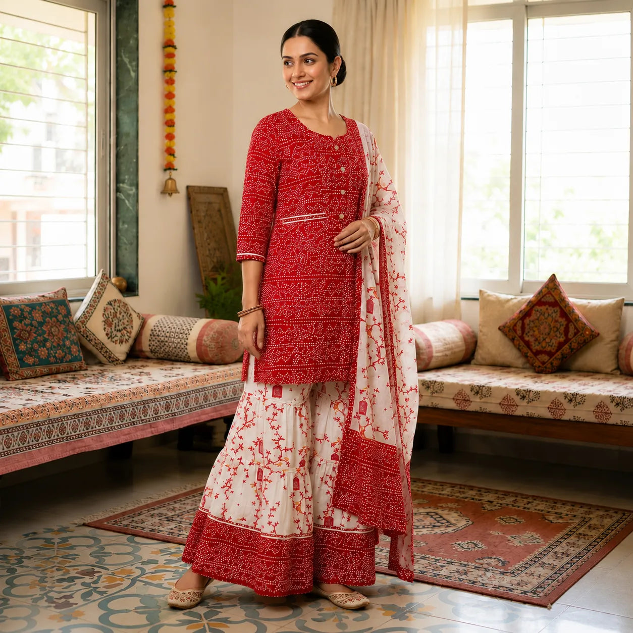 Women's Red Printed Kurta Set with Sharara & Dupatta