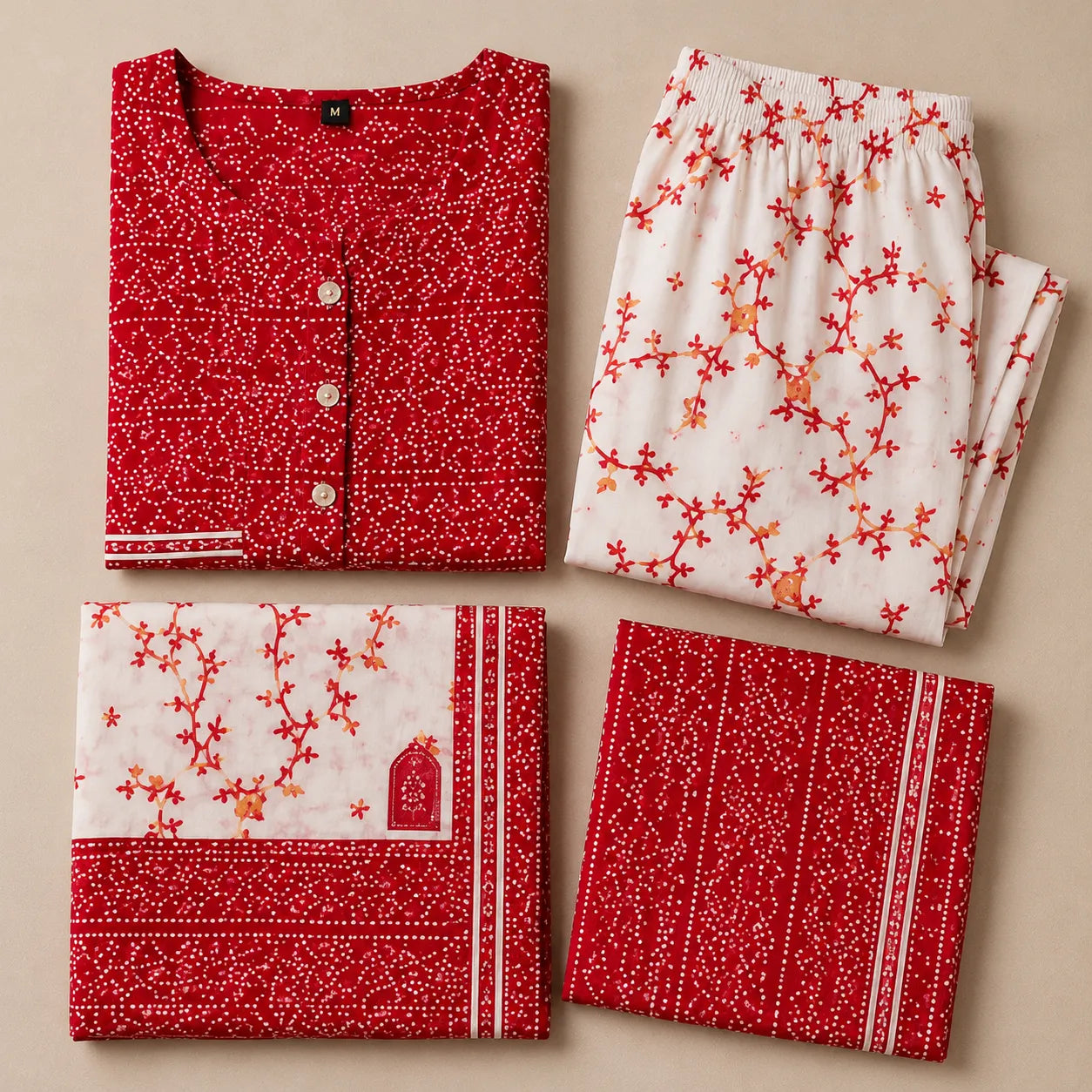 Women's Red Printed Kurta Set with Sharara & Dupatta