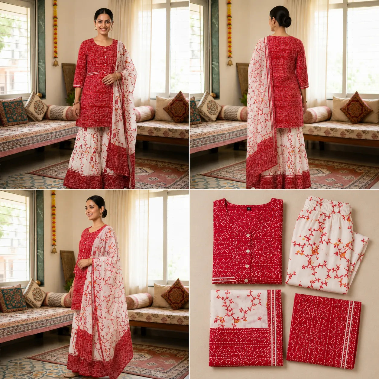 Women's Red Printed Kurta Set with Sharara & Dupatta