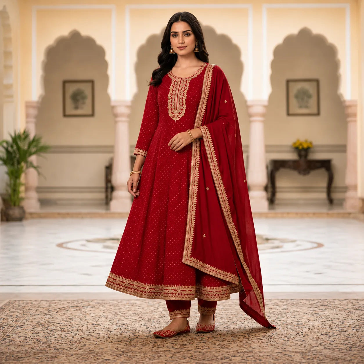 Women's Ruby Red Embroidered Anarkali Kurta Set with Dupatta