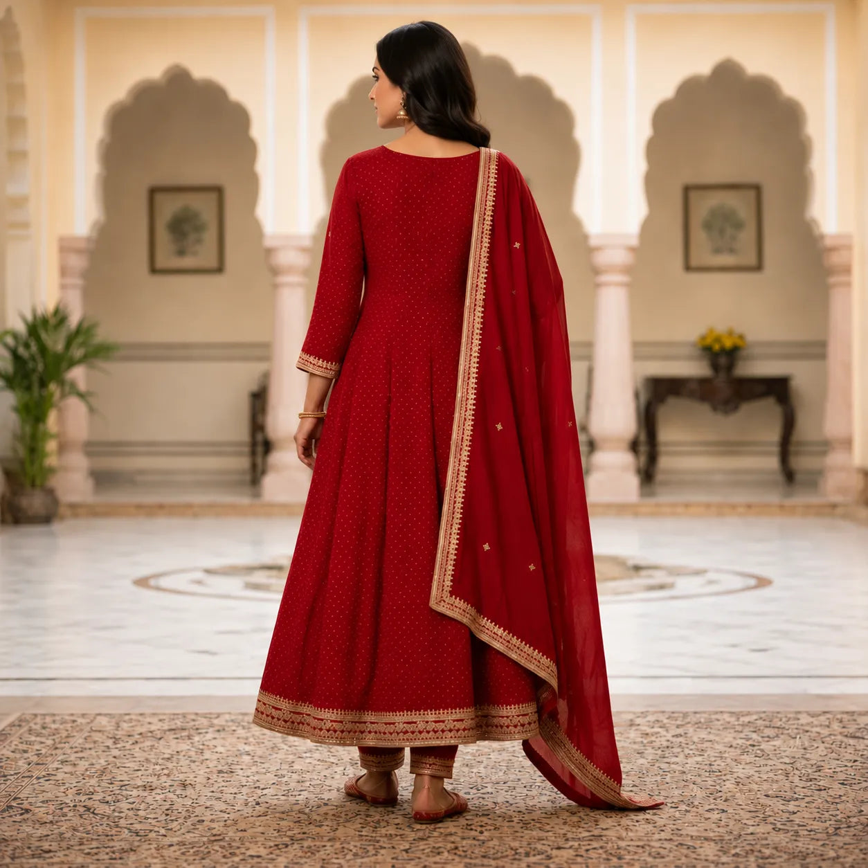 Women's Ruby Red Embroidered Anarkali Kurta Set with Dupatta