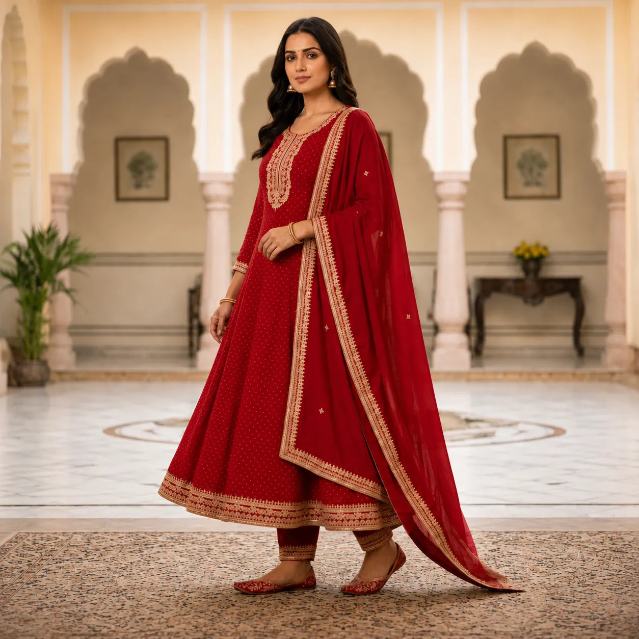 Women's Ruby Red Embroidered Anarkali Kurta Set with Dupatta