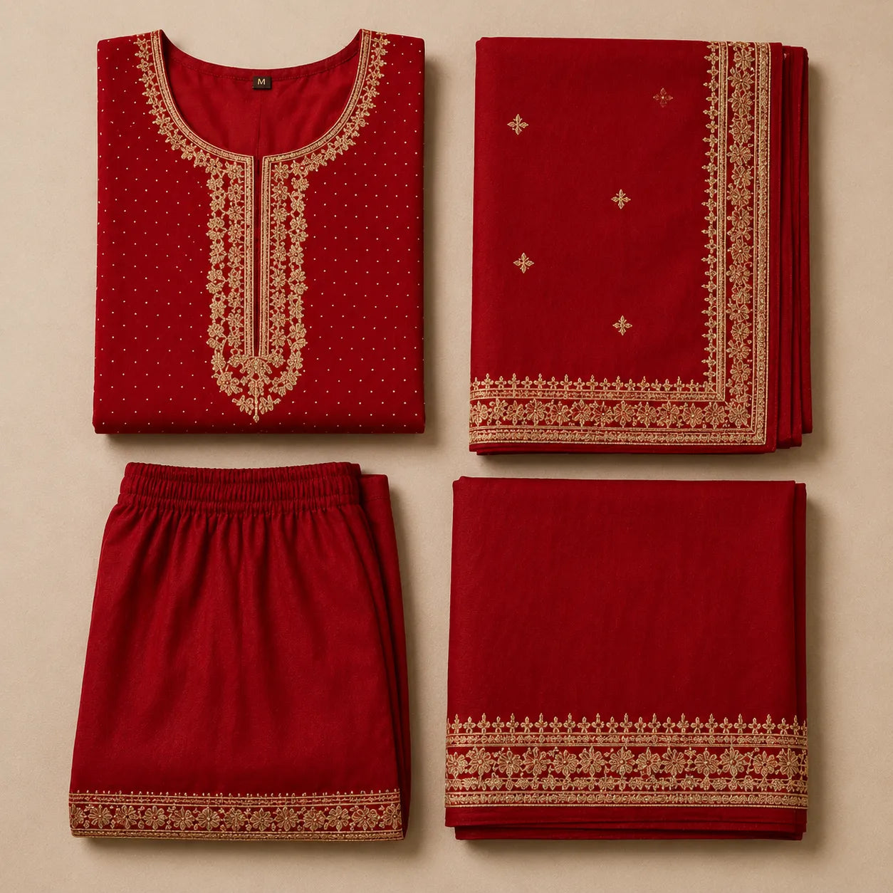 Women's Ruby Red Embroidered Anarkali Kurta Set with Dupatta