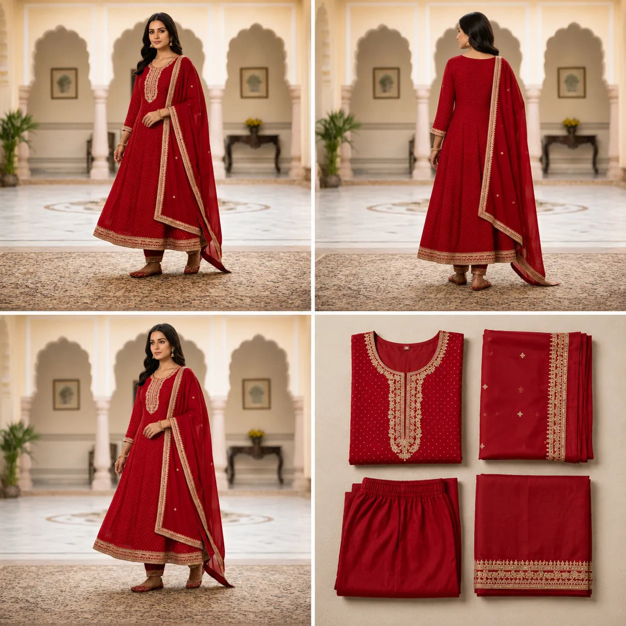 Women's Ruby Red Embroidered Anarkali Kurta Set with Dupatta
