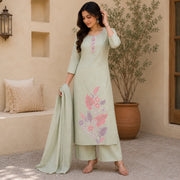 Women's Sage Green Floral Embroidered Kurta Set with Plazoo & Dupatta