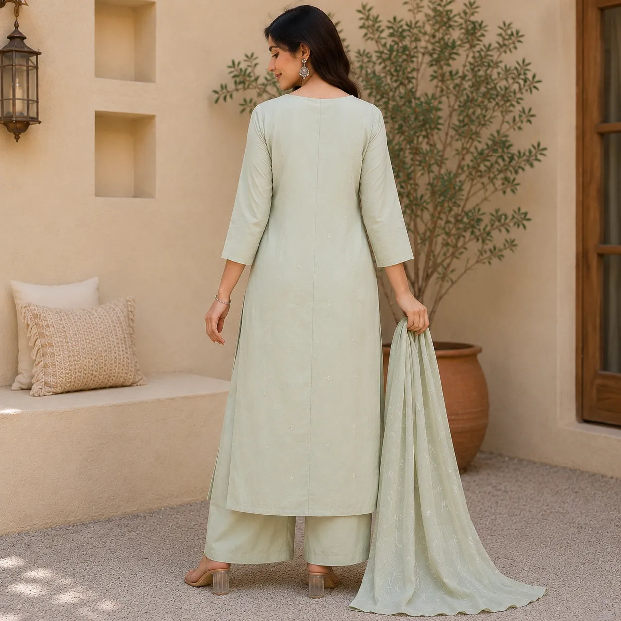 Women's Sage Green Floral Embroidered Kurta Set with Plazoo & Dupatta