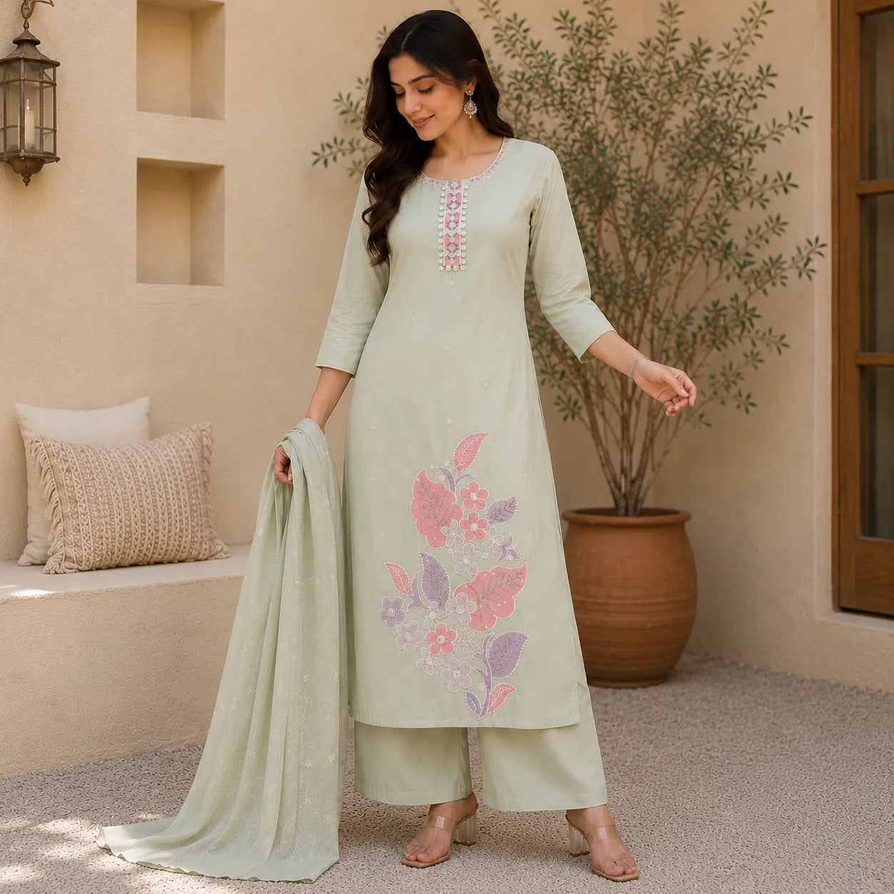 Women's Sage Green Floral Embroidered Kurta Set with Plazoo & Dupatta