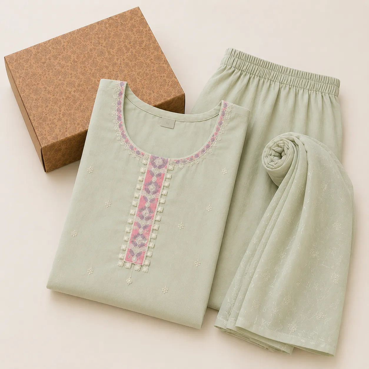 Women's Sage Green Floral Embroidered Kurta Set with Plazoo & Dupatta
