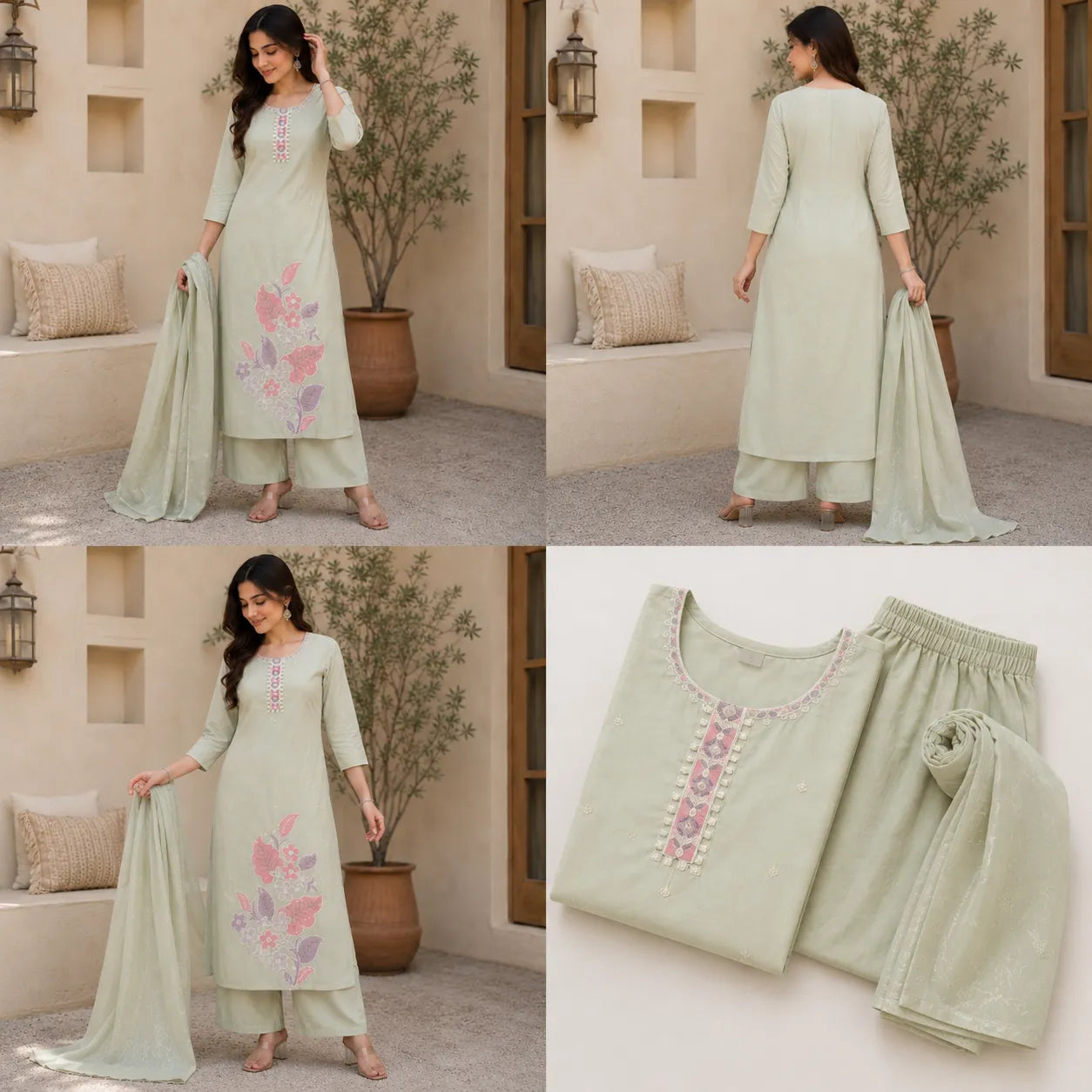 Women's Sage Green Floral Embroidered Kurta Set with Plazoo & Dupatta