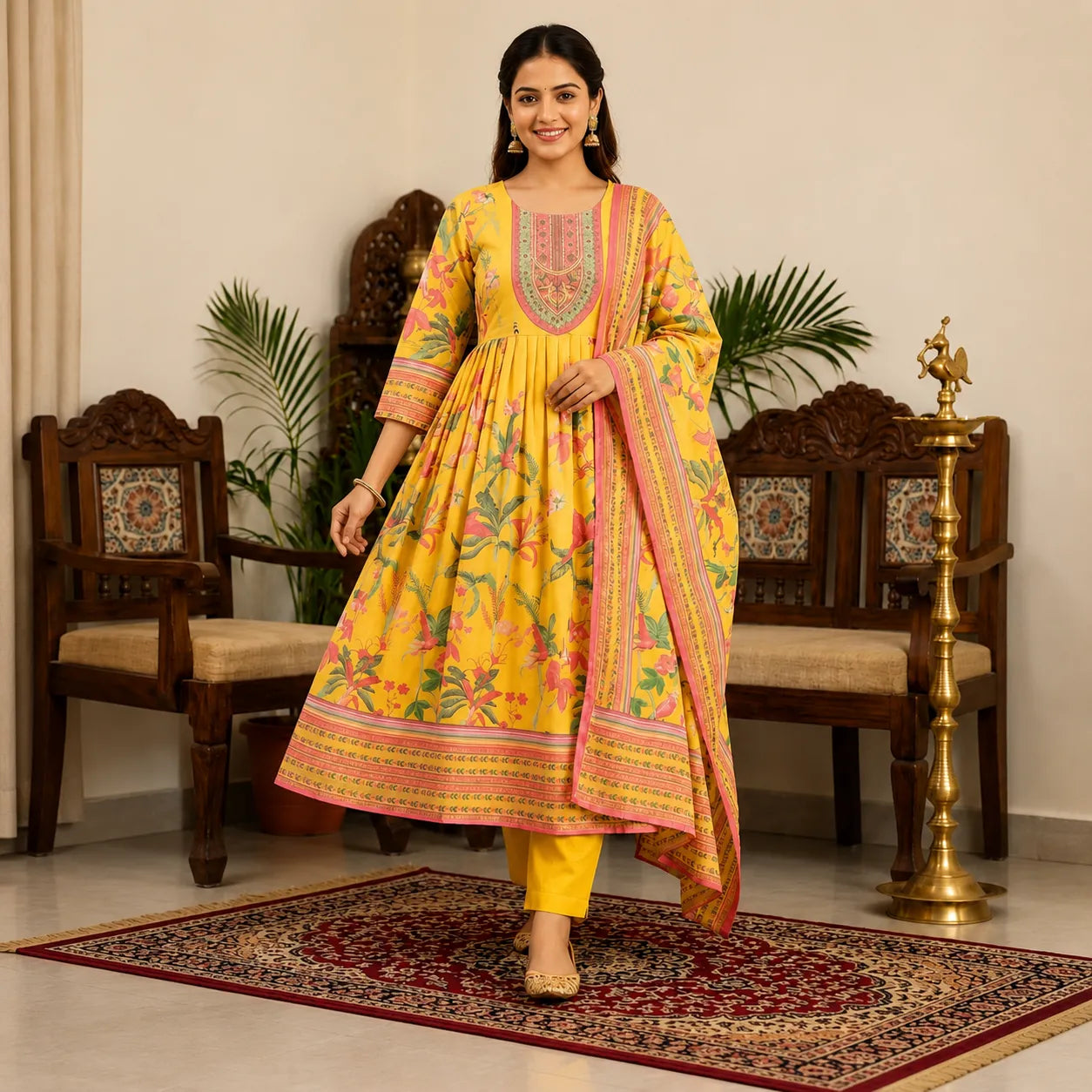 Women's Sunshine Yellow Floral Printed Anarkali Kurta Set with Dupatta