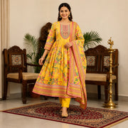 Women's Sunshine Yellow Floral Printed Anarkali Kurta Set with Dupatta