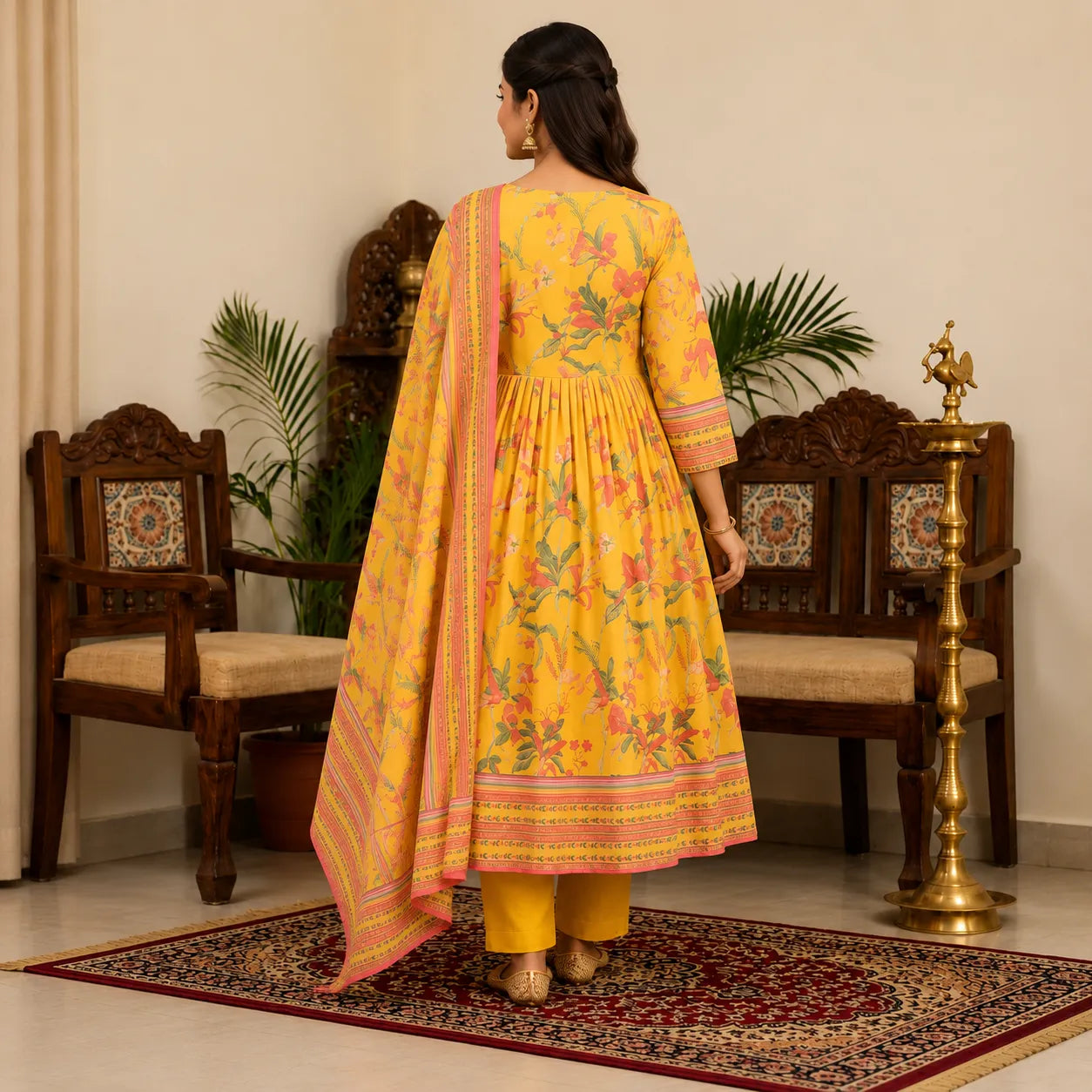 Women's Sunshine Yellow Floral Printed Anarkali Kurta Set with Dupatta