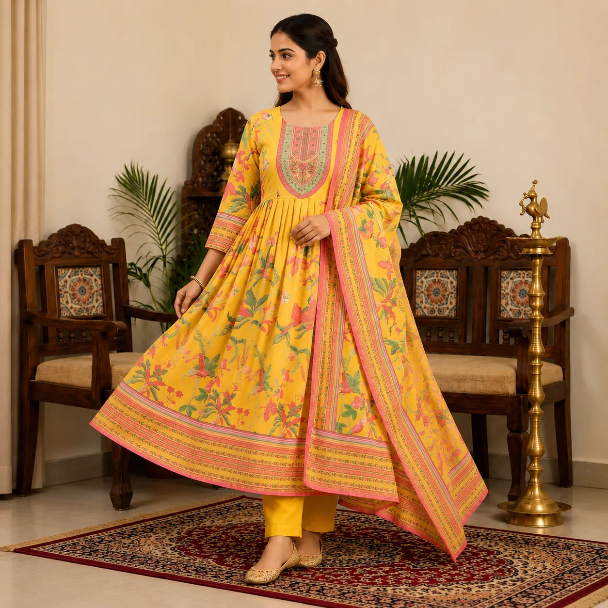Women's Sunshine Yellow Floral Printed Anarkali Kurta Set with Dupatta