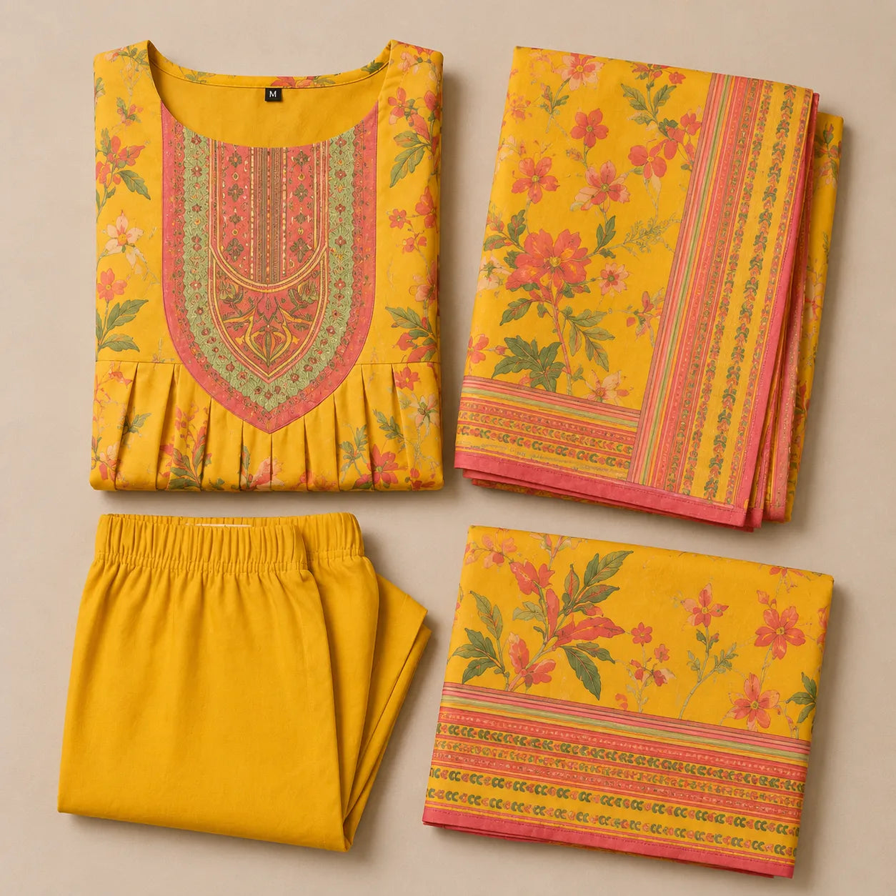 Women's Sunshine Yellow Floral Printed Anarkali Kurta Set with Dupatta